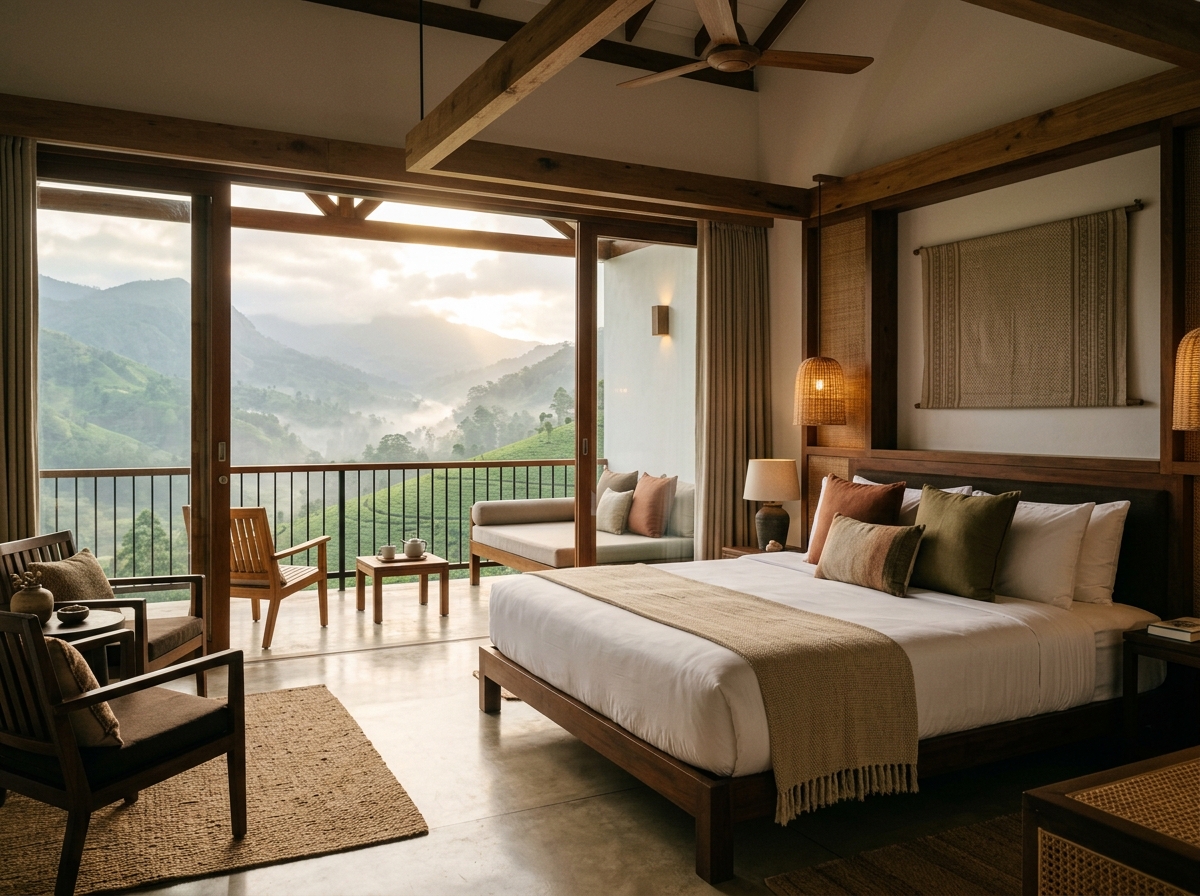 Deluxe bedroom suite with wooden architecture and private mountain view balcony