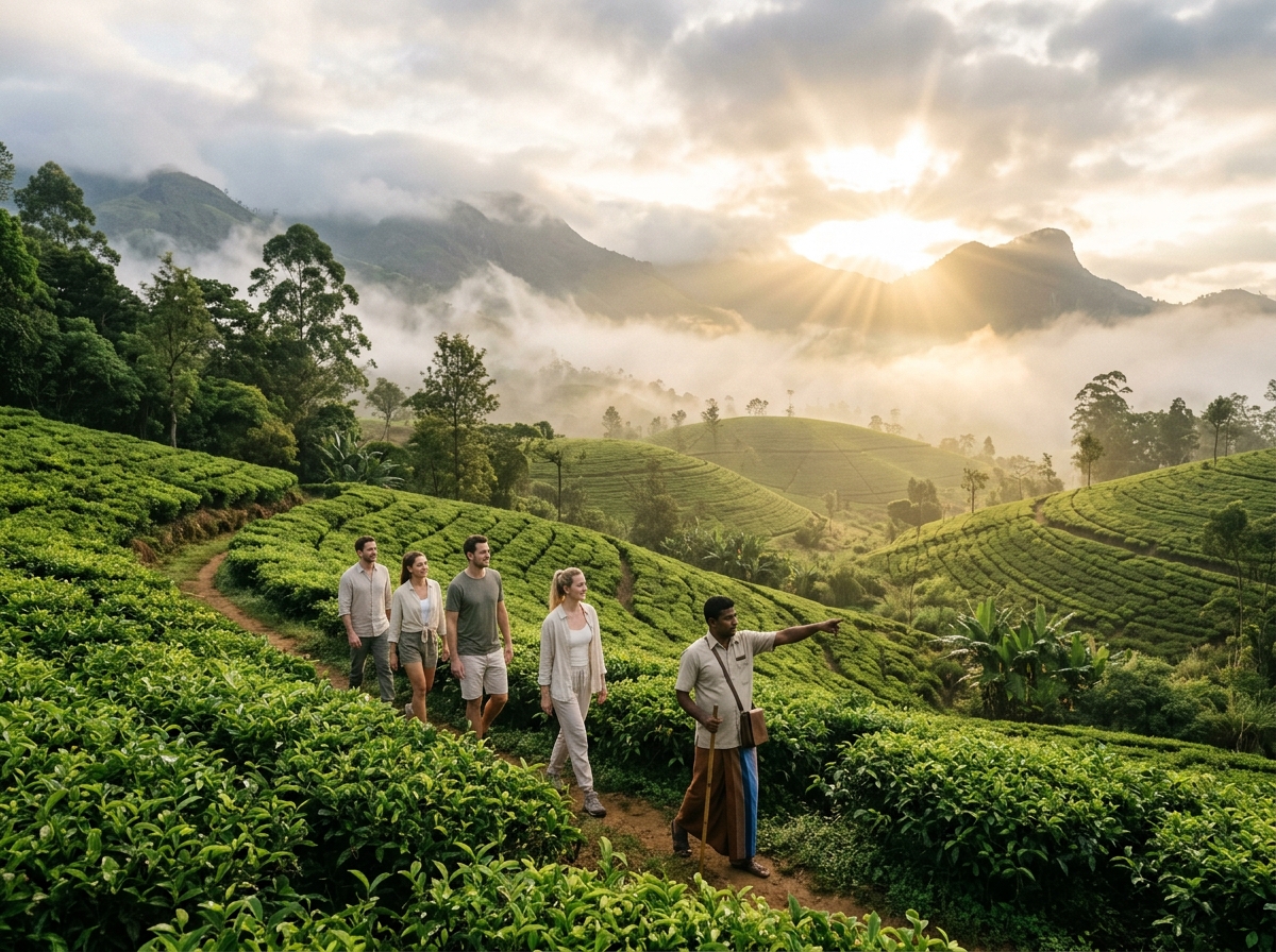 Guided nature walk through misty emerald tea estates in Sri Lanka