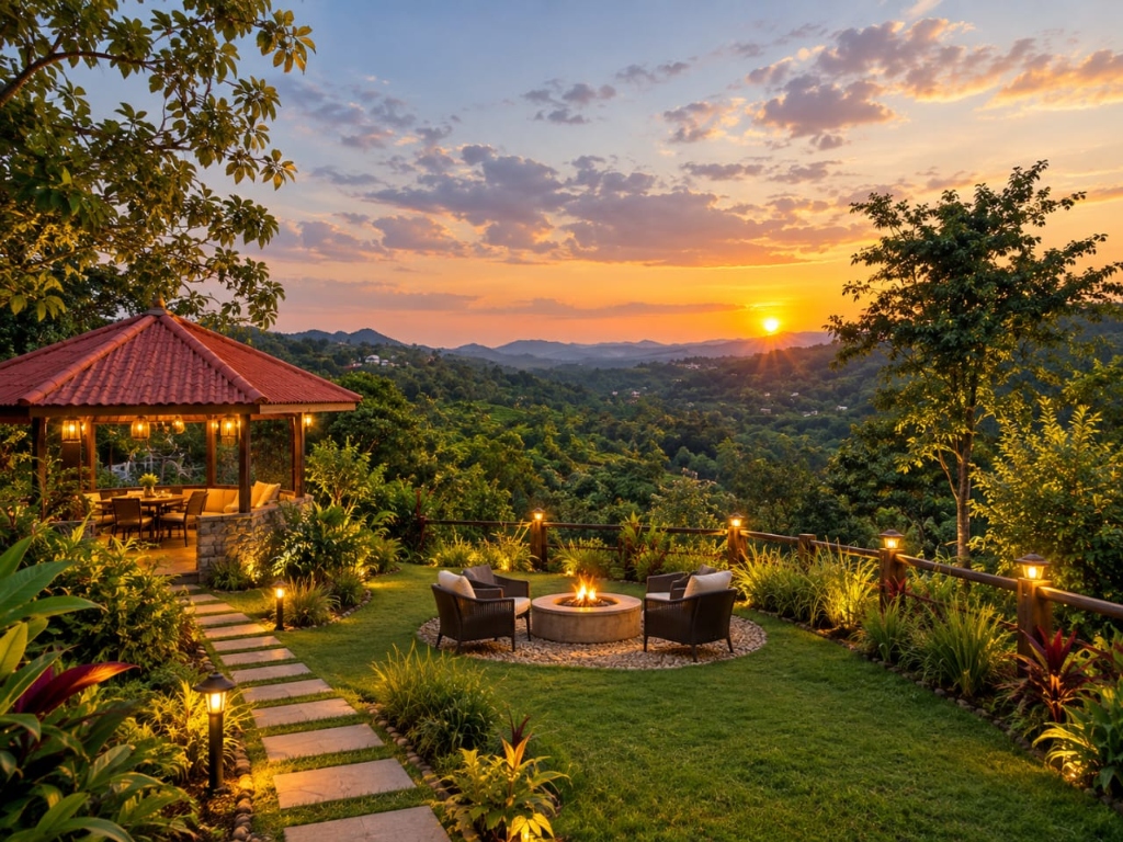 Hillside garden with gazebo, fire pit, and sunset panorama
