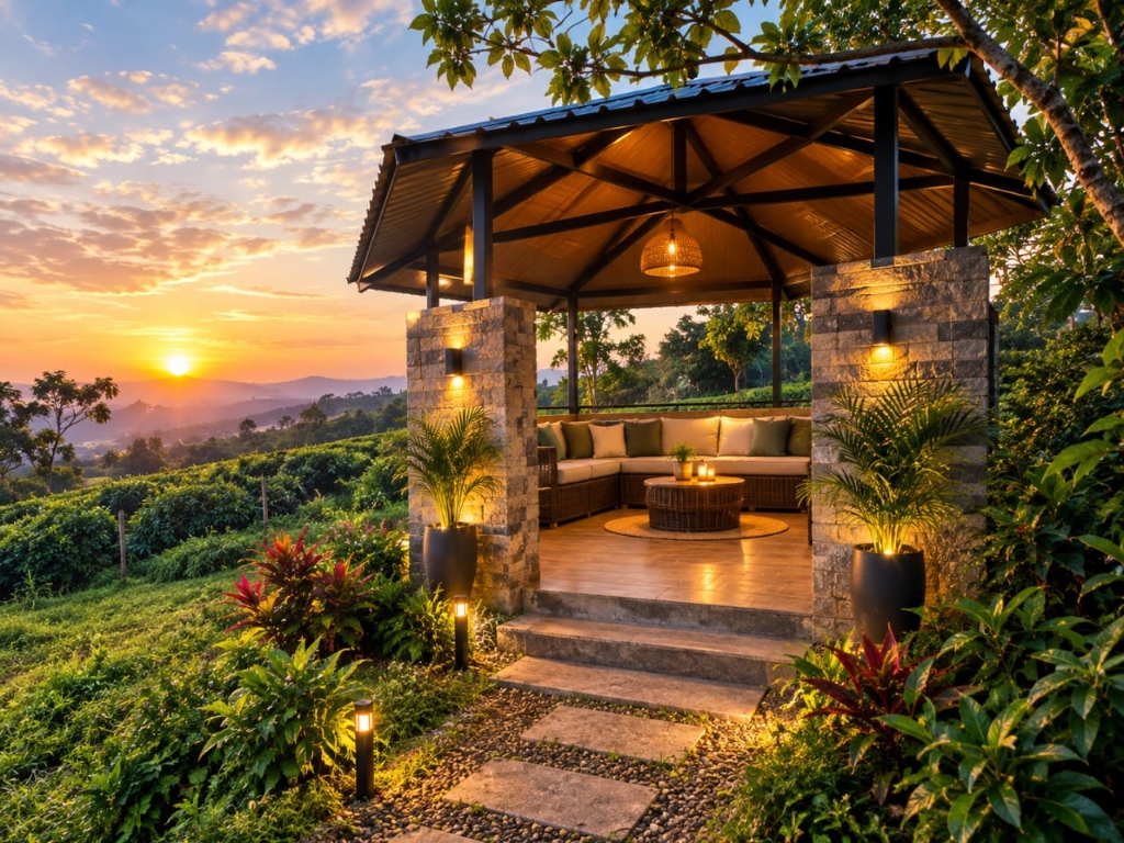 Outdoor lounge pavilion overlooking mountain valley