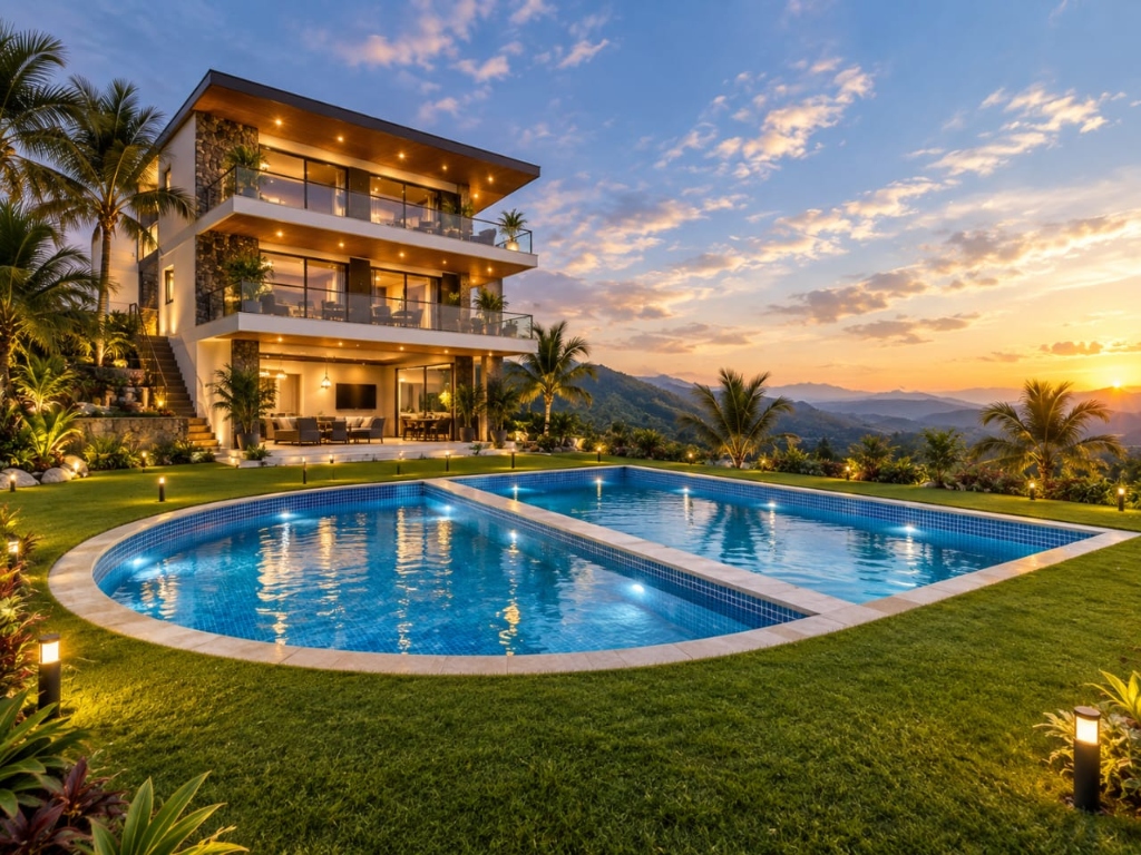 Mountain Village Hotel illuminated building with swimming pool at sunset